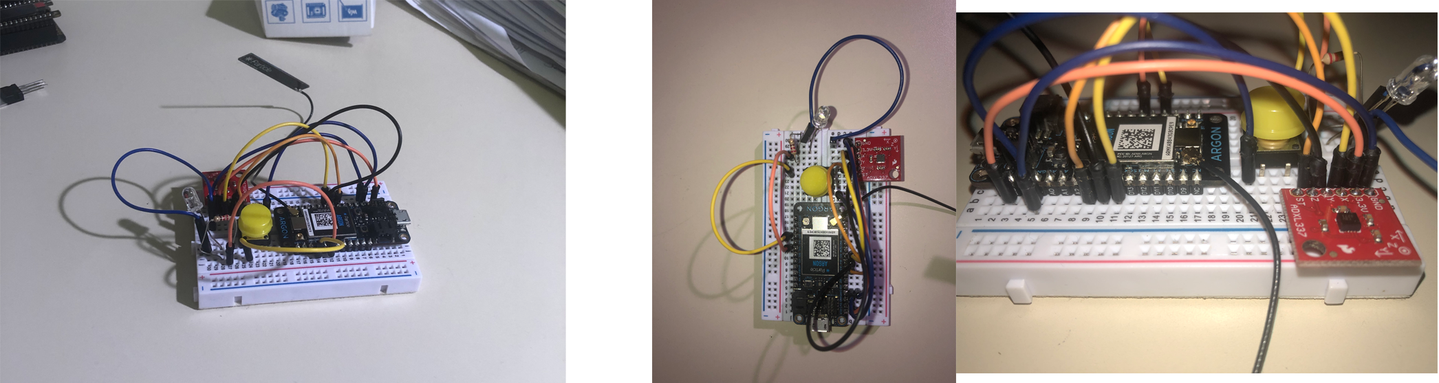 Three photos of the same circuit. On the left is a photo from a distance that is hard to see some of the components. In the middle, is a top down view. On the right, is a close up side on view showing wiring between a microcontroller and a breakout board..